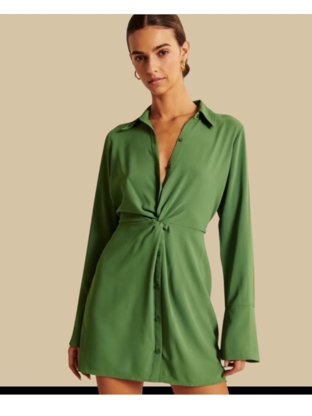 Abercrombie & Fitch Olive Green Long-Sleeve Twist-Front Shirt Dress SIZE S TALL